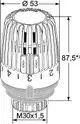 Thermostatkopf mit runder Form und Skala, gefertigt von IMI Hydronic Engineering. An der Unterseite mit Gewinde und einer Höhe von ca. 87,5 mm.
